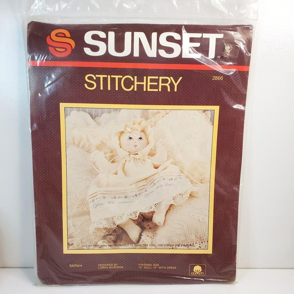 Vtg Sunset Stitchery Sarah Doll & Dress Kit 12" doll 15" Dress 2866 NOS Craft